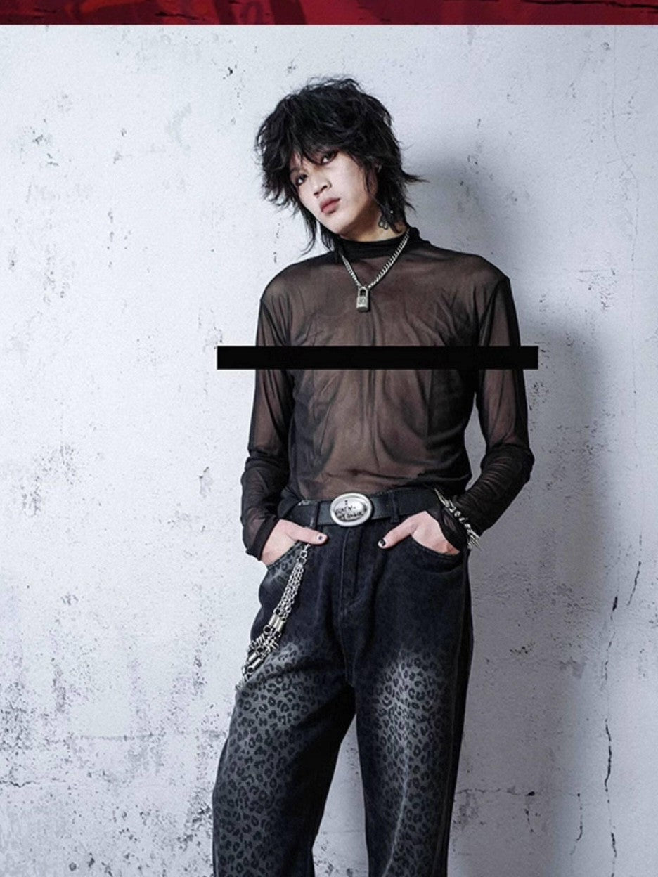 RebelSeed Sheer Mesh Punk Mock Neck Women's Polyester Long Sleeve T-shirts