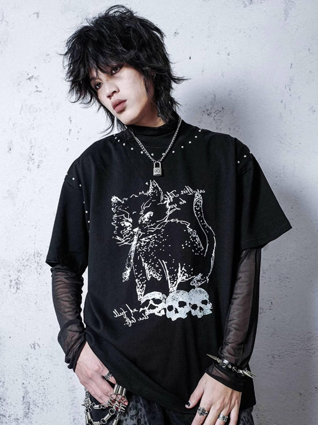 RebelSeed Sheer Mesh Punk Mock Neck Women's Polyester Long Sleeve T-shirts