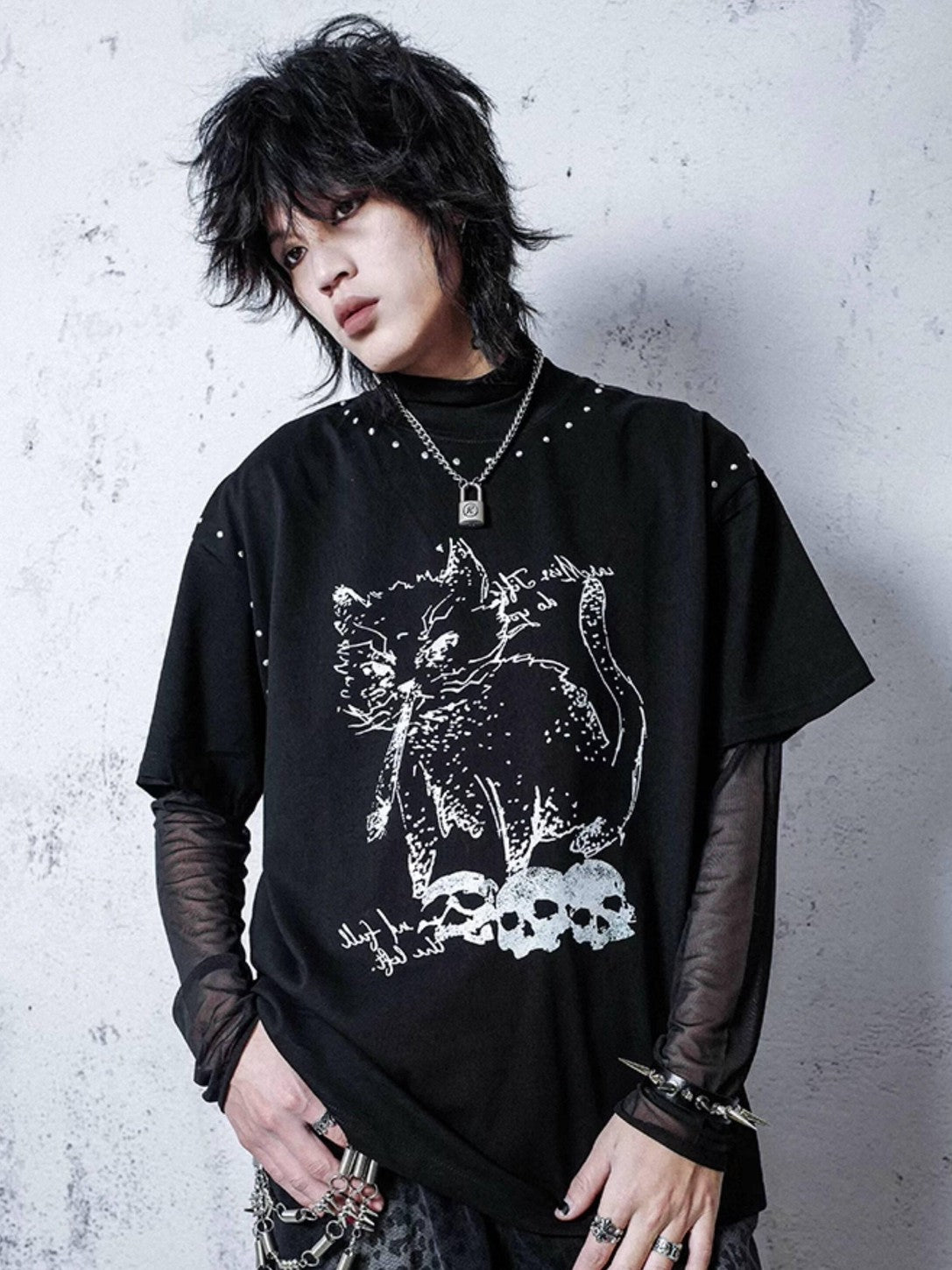 RebelSeed Sheer Mesh Punk Mock Neck Women's Polyester Long Sleeve T-shirts