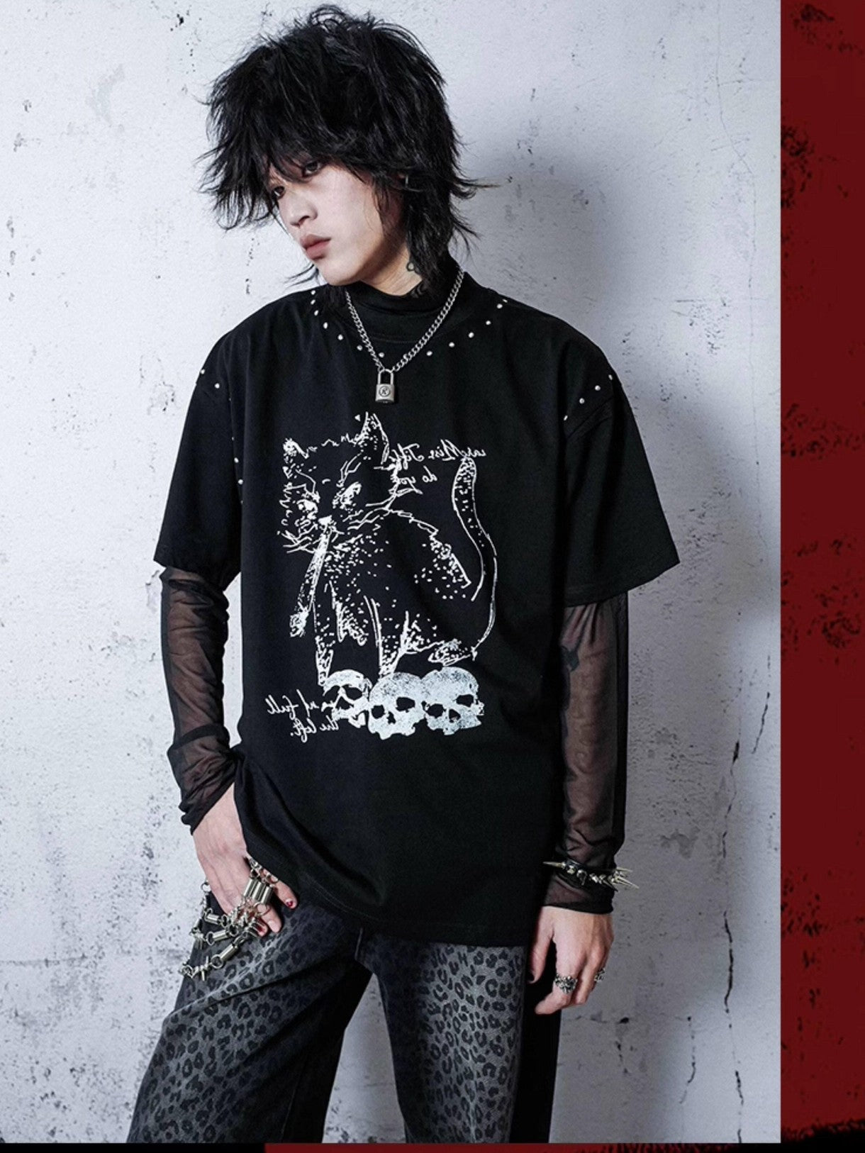 RebelSeed Sheer Mesh Punk Mock Neck Women's Polyester Long Sleeve T-shirts