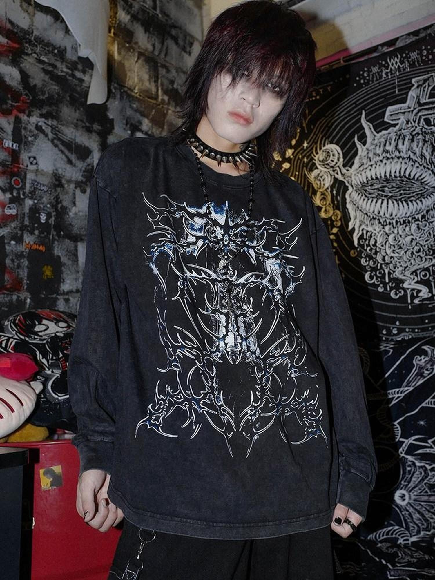 RebelSeed Skull And Thorns Punk Print Heat Press Women's Cotton Long Sleeve T-shirts