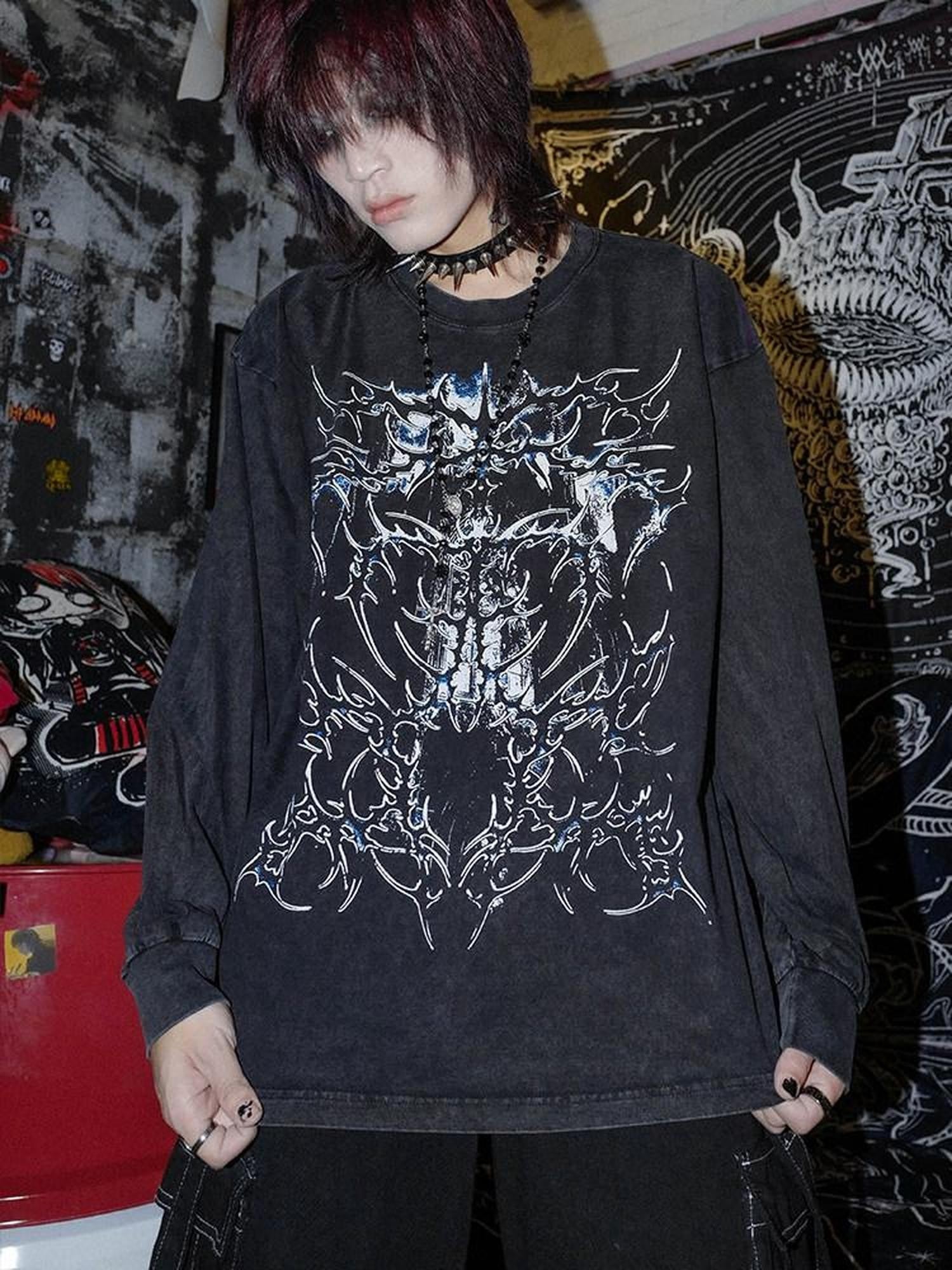 RebelSeed Skull And Thorns Punk Print Heat Press Women's Cotton Long Sleeve T-shirts