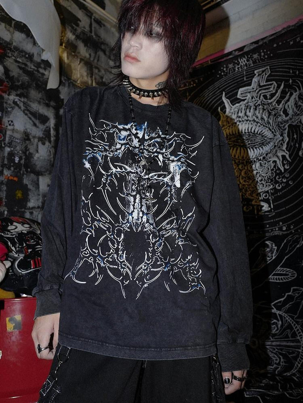 RebelSeed Skull And Thorns Punk Print Heat Press Women's Cotton Long Sleeve T-shirts