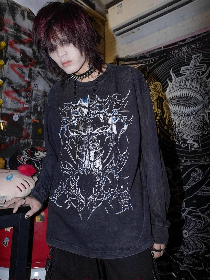 RebelSeed Skull And Thorns Punk Print Heat Press Women's Cotton Long Sleeve T-shirts