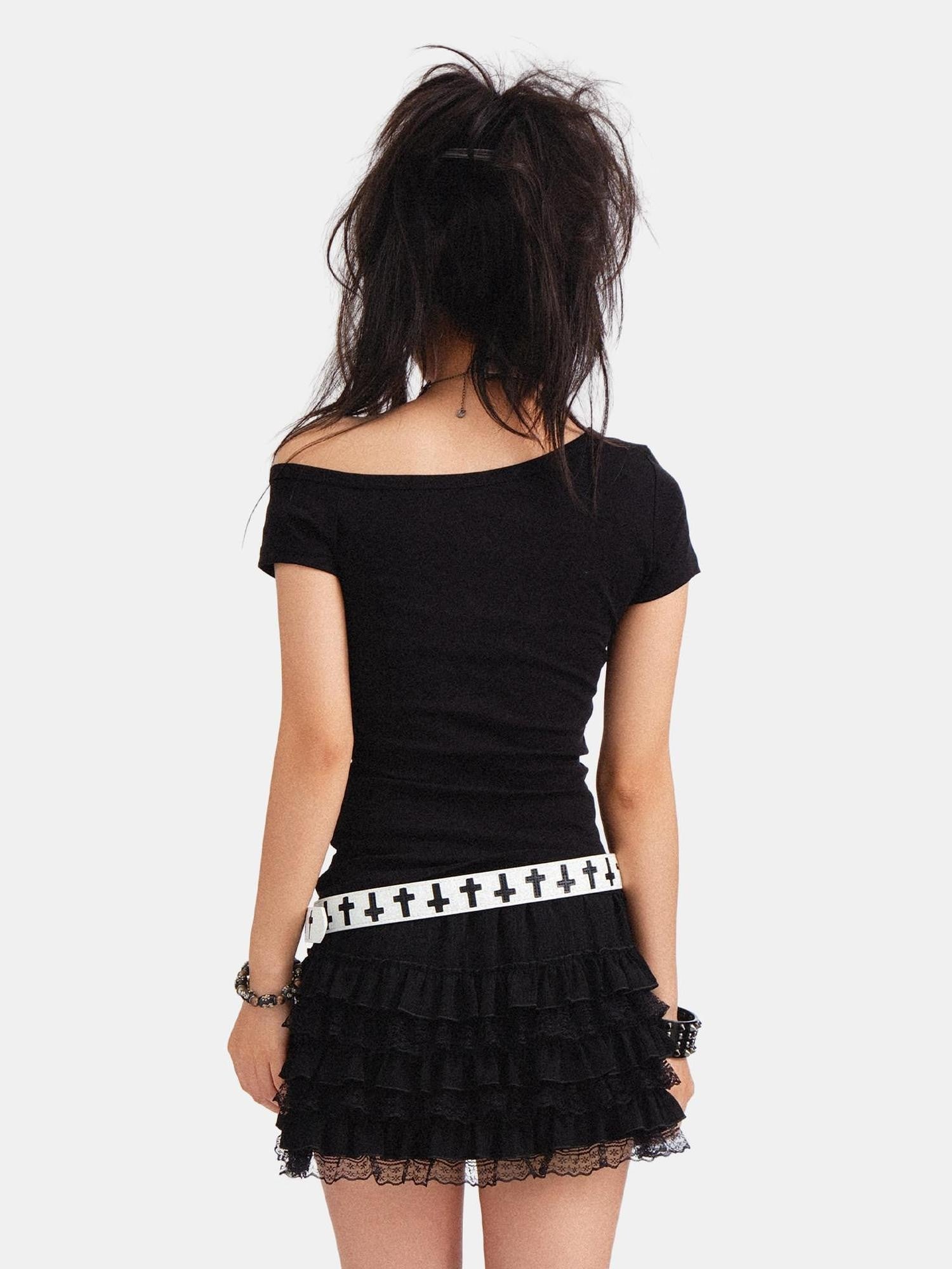 RebelSeed Skull Cross Heat Transfer Punk Crop Slim Women's Cotton Short Sleeve T-shirts