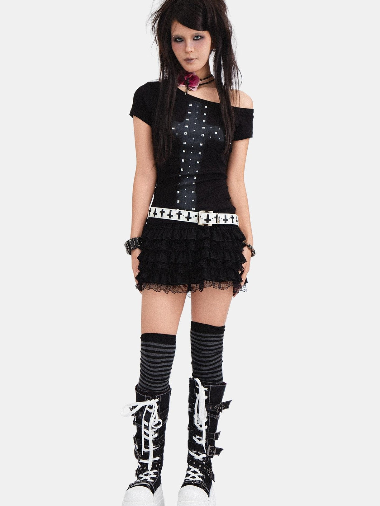 RebelSeed Skull Cross Heat Transfer Punk Crop Slim Women's Cotton Short Sleeve T-shirts
