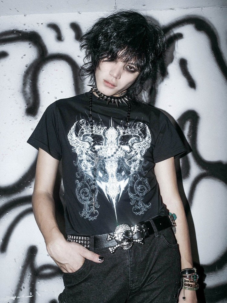 RebelSeed_Skull_Crown_Heat_Transfer_Print_Dark_Goth_Women's_Cotton_Short_Sleeve_T-shirts_1039263834613_MISSTT