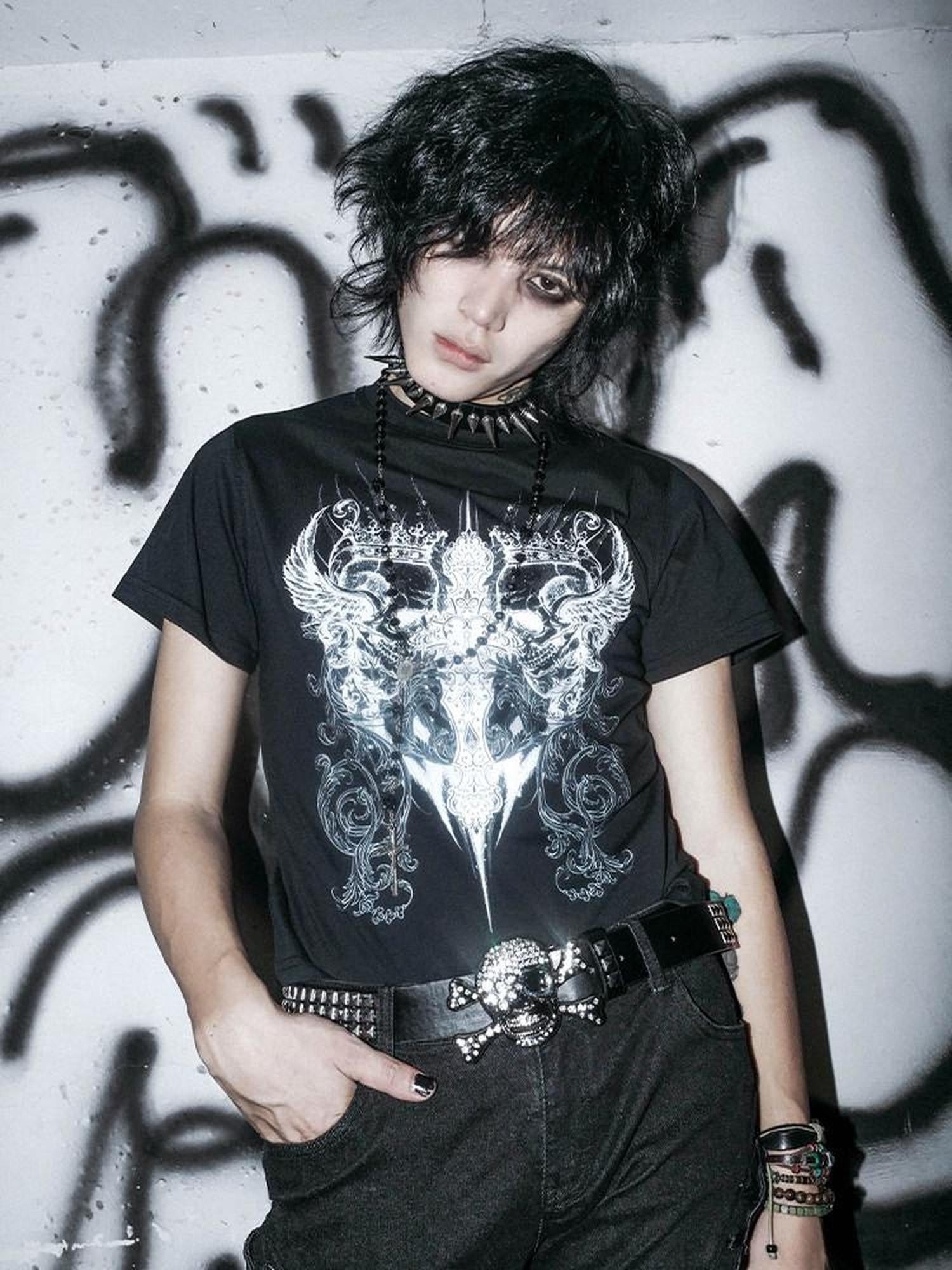 RebelSeed Skull Crown Heat Transfer Print Dark Goth Women's Cotton Short Sleeve T-shirts