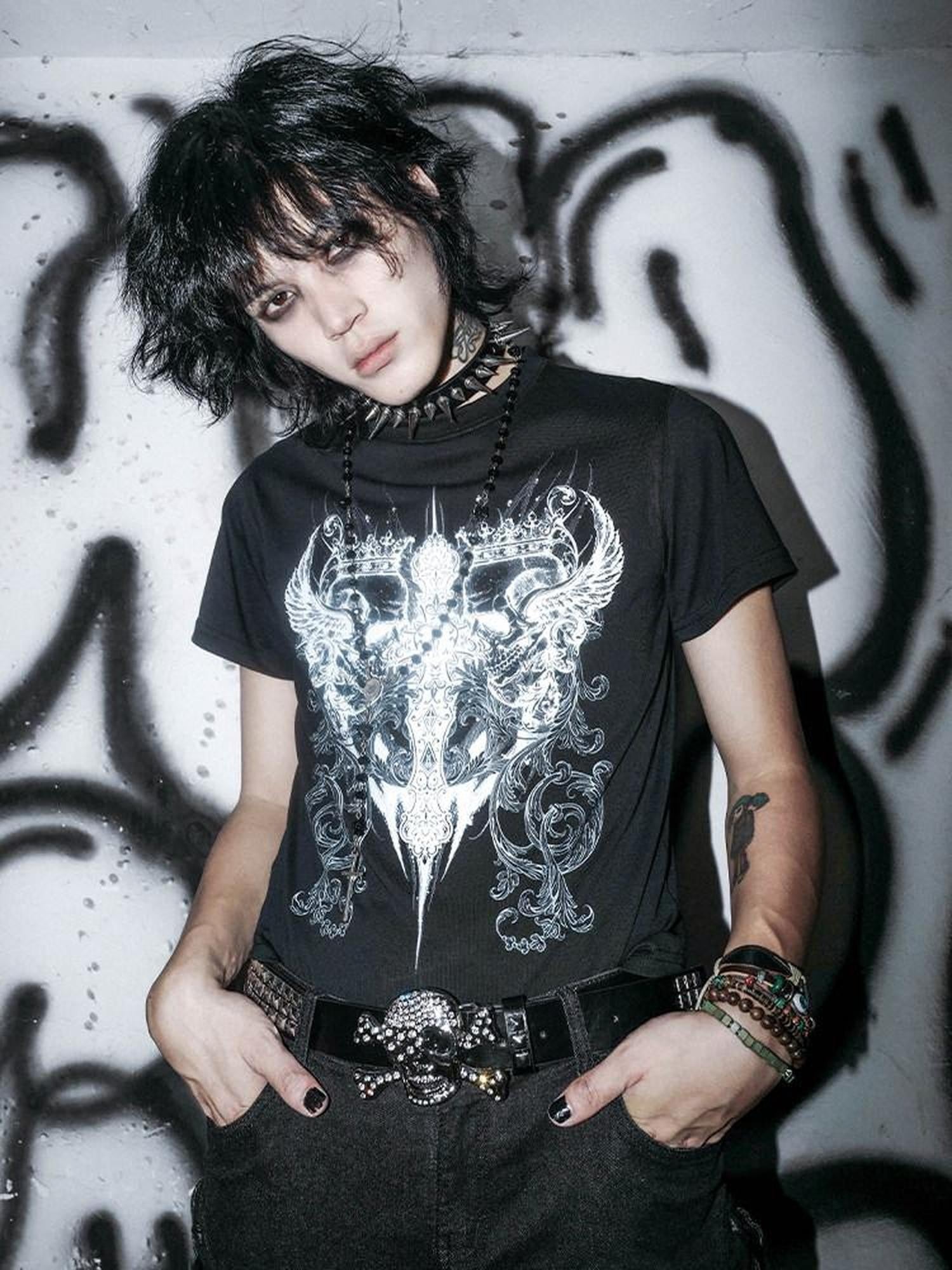 RebelSeed Skull Crown Heat Transfer Print Dark Goth Women's Cotton Short Sleeve T-shirts