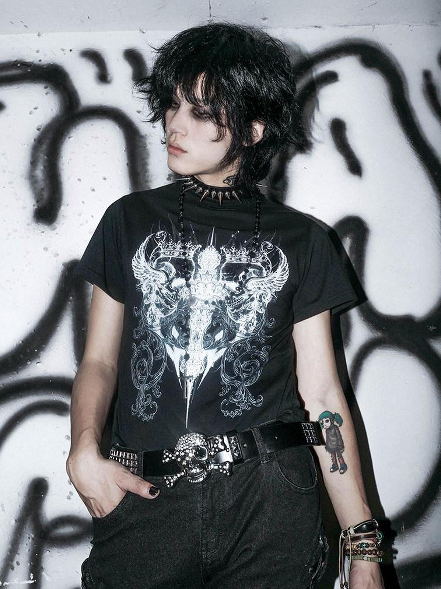 RebelSeed Skull Crown Heat Transfer Print Dark Goth Women's Cotton Short Sleeve T-shirts