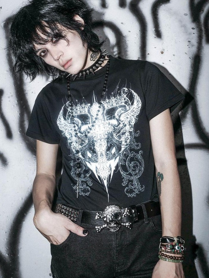 RebelSeed Skull Crown Heat Transfer Print Dark Goth Women's Cotton Short Sleeve T-shirts