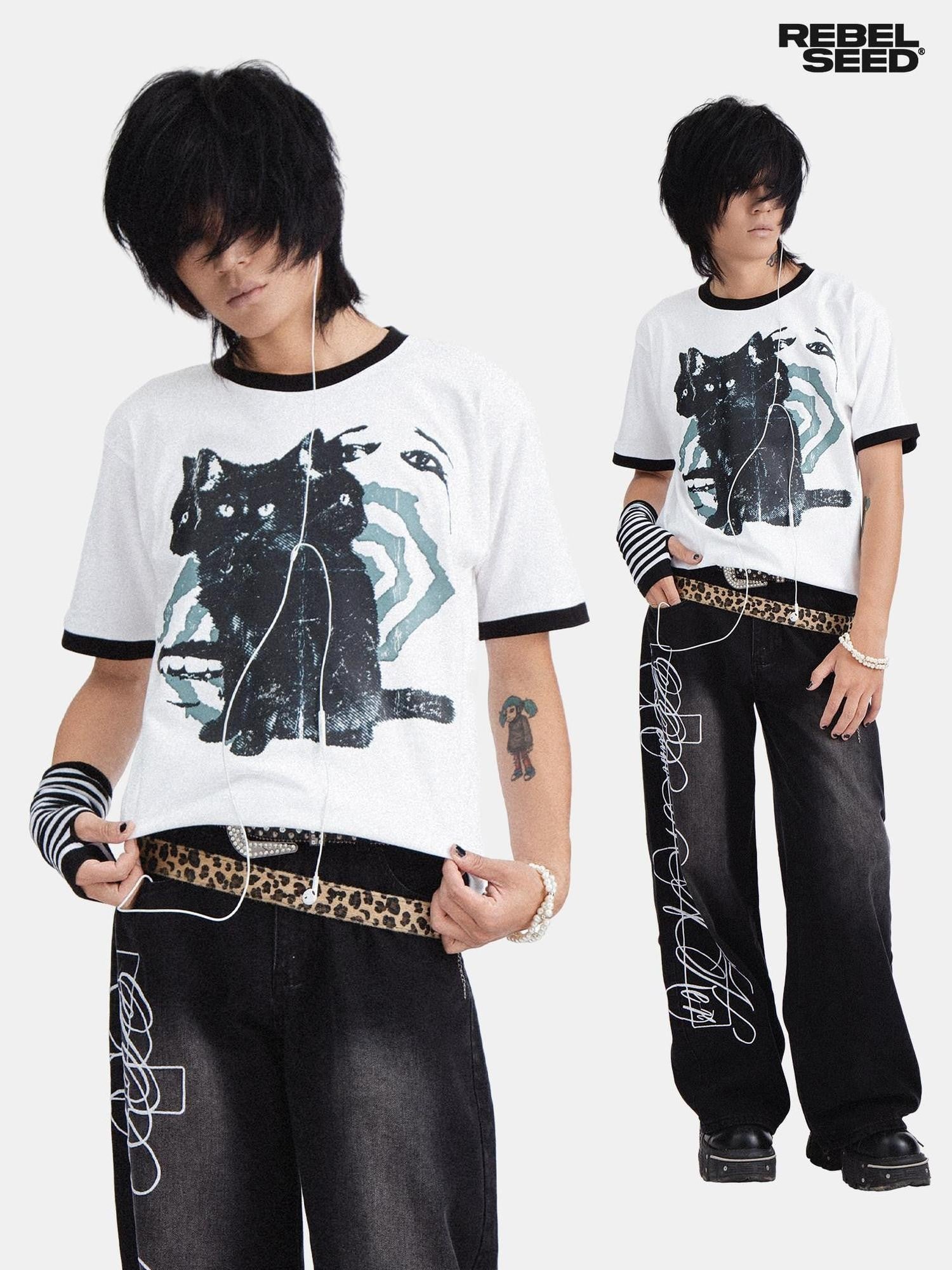 RebelSeed Skull Demon Cat Print Loose Fit Round Neck Women's Cotton Short Sleeve T-shirts