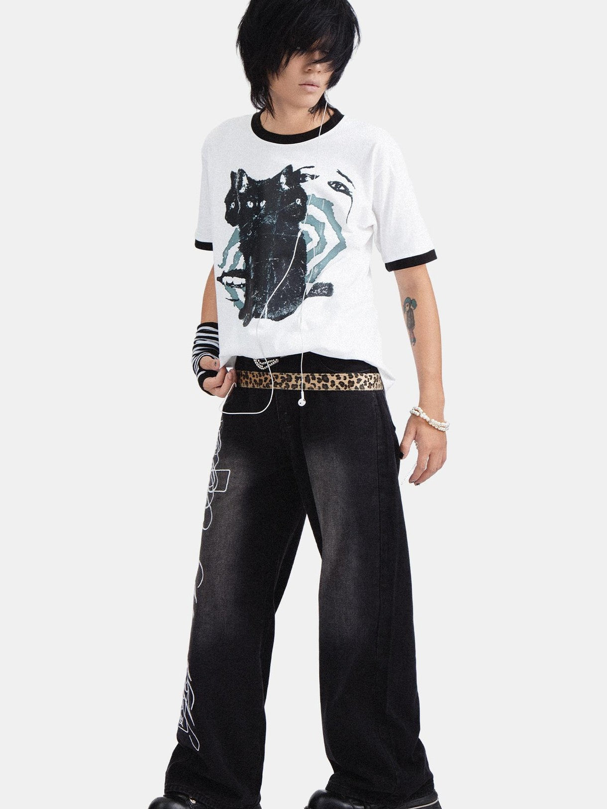 RebelSeed Skull Demon Cat Print Loose Fit Round Neck Women's Cotton Short Sleeve T-shirts