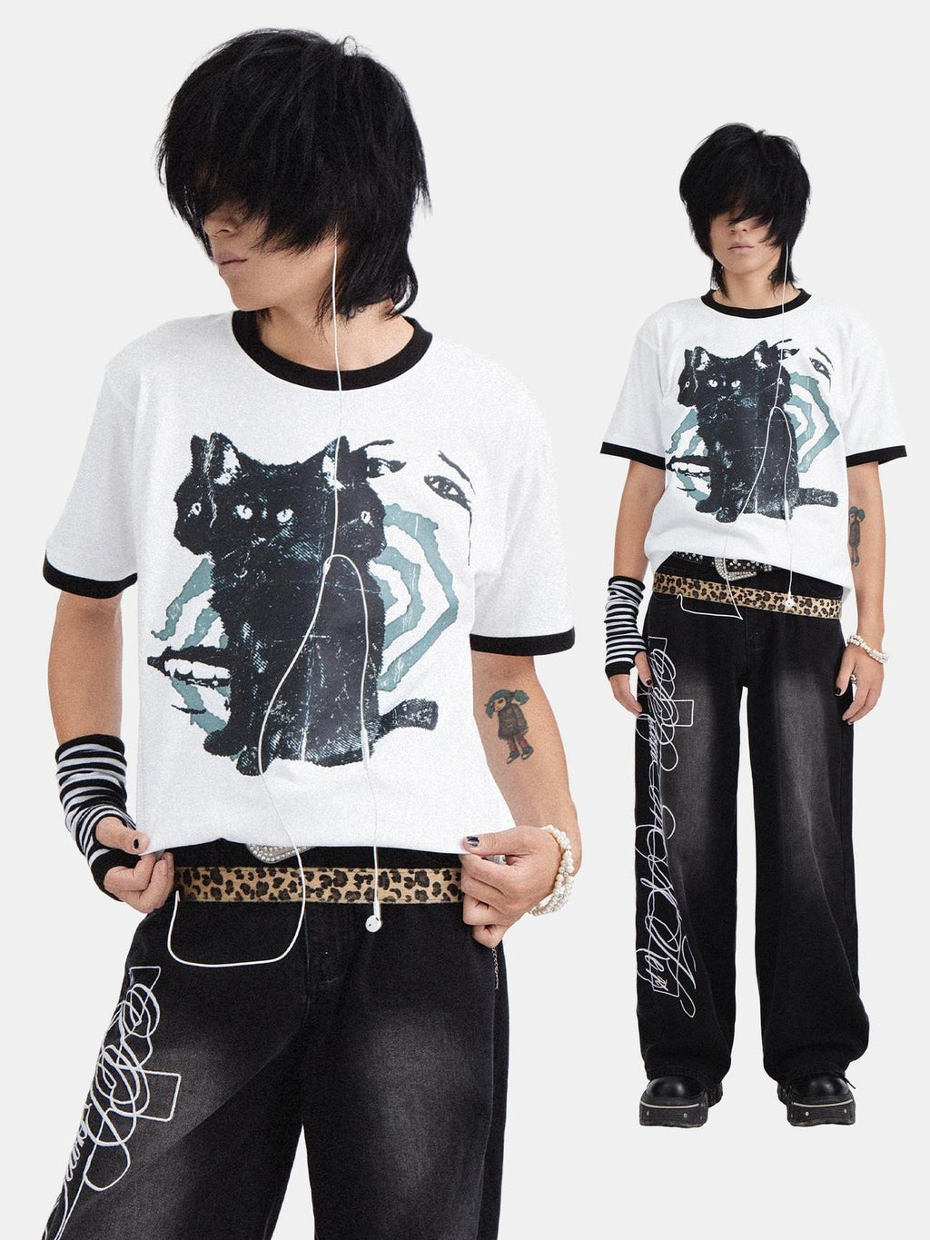 RebelSeed Skull Demon Cat Print Loose Fit Round Neck Women's Cotton Short Sleeve T-shirts