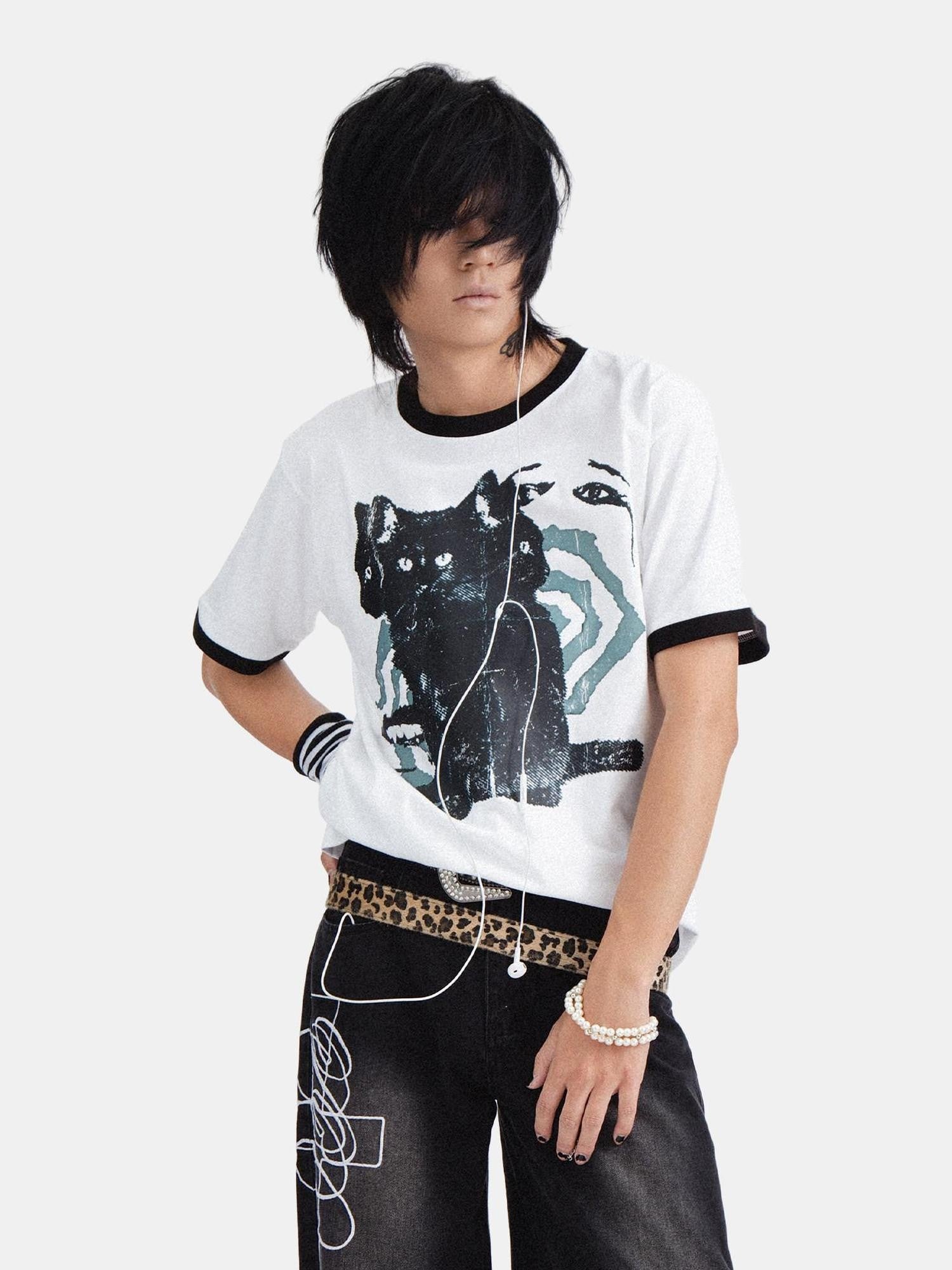 RebelSeed Skull Demon Cat Print Loose Fit Round Neck Women's Cotton Short Sleeve T-shirts