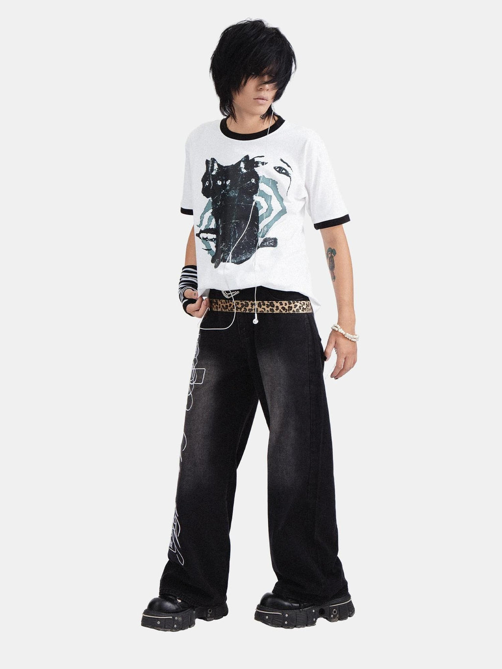 RebelSeed Skull Demon Cat Print Loose Fit Round Neck Women's Cotton Short Sleeve T-shirts