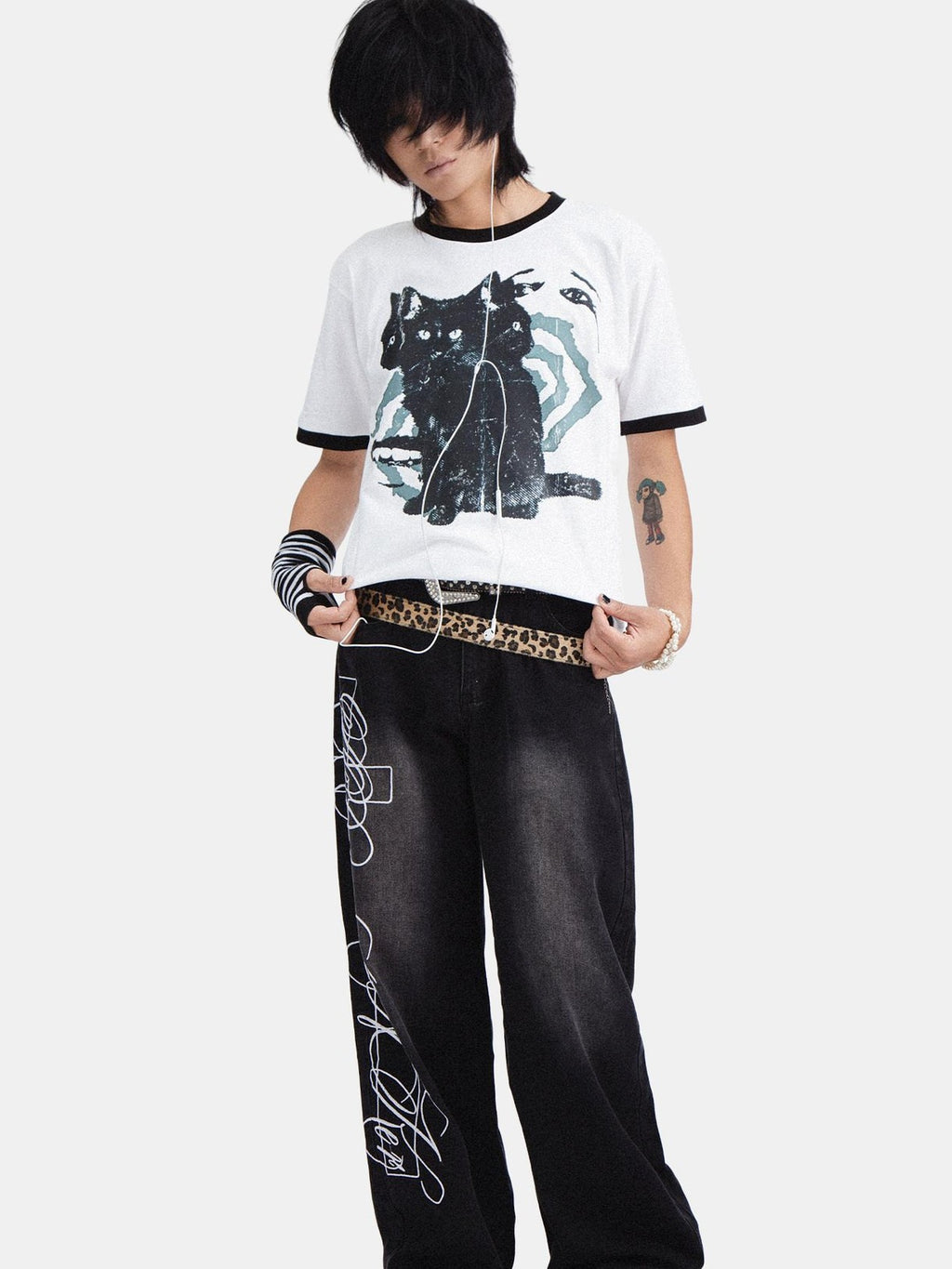 RebelSeed Skull Demon Cat Print Loose Fit Round Neck Women's Cotton Short Sleeve T-shirts