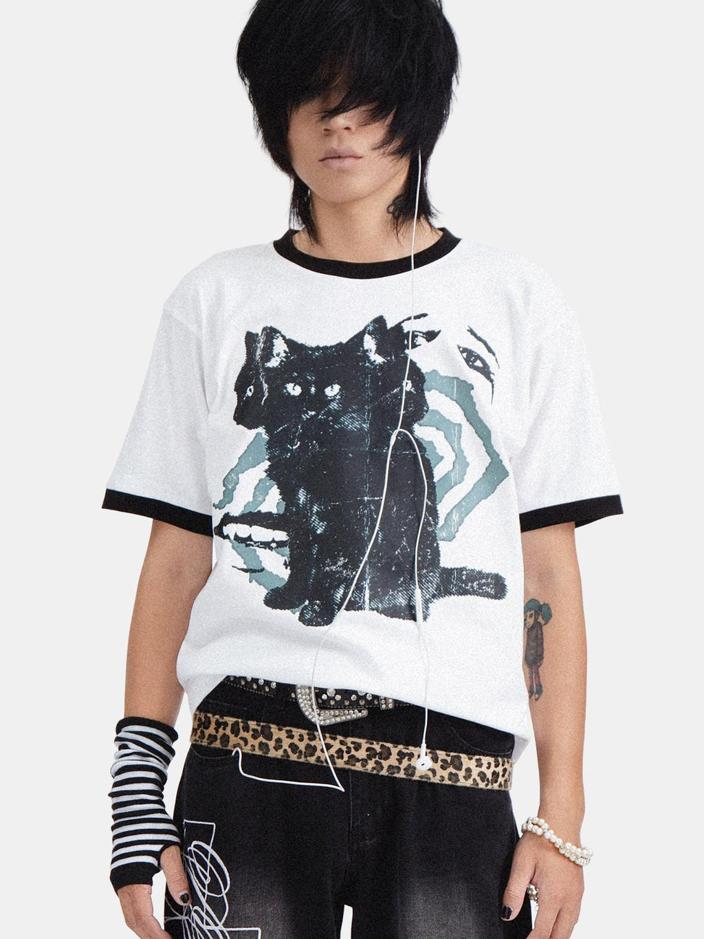 RebelSeed Skull Demon Cat Print Loose Fit Round Neck Women's Cotton Short Sleeve T-shirts
