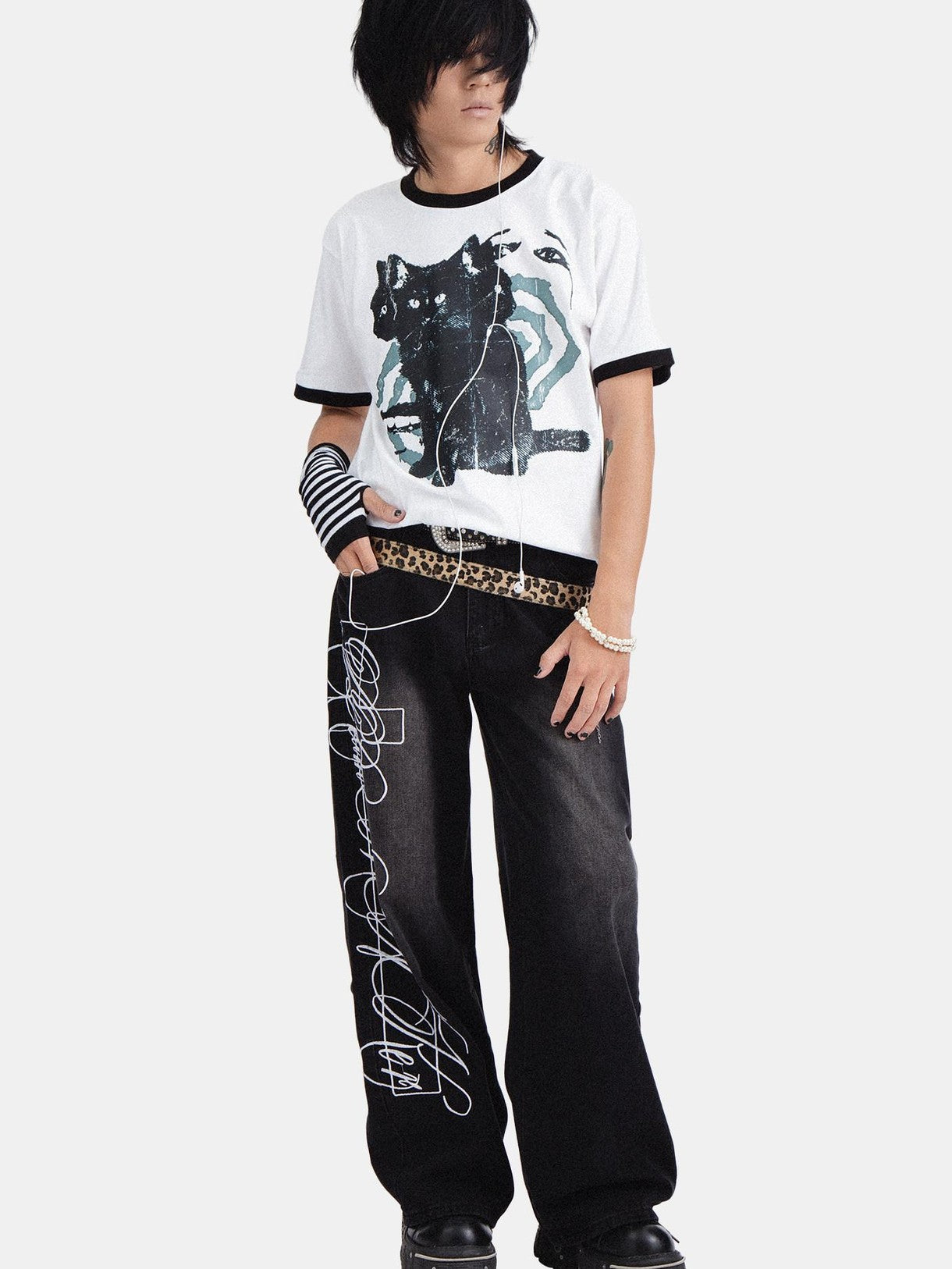 RebelSeed Skull Demon Cat Print Loose Fit Round Neck Women's Cotton Short Sleeve T-shirts