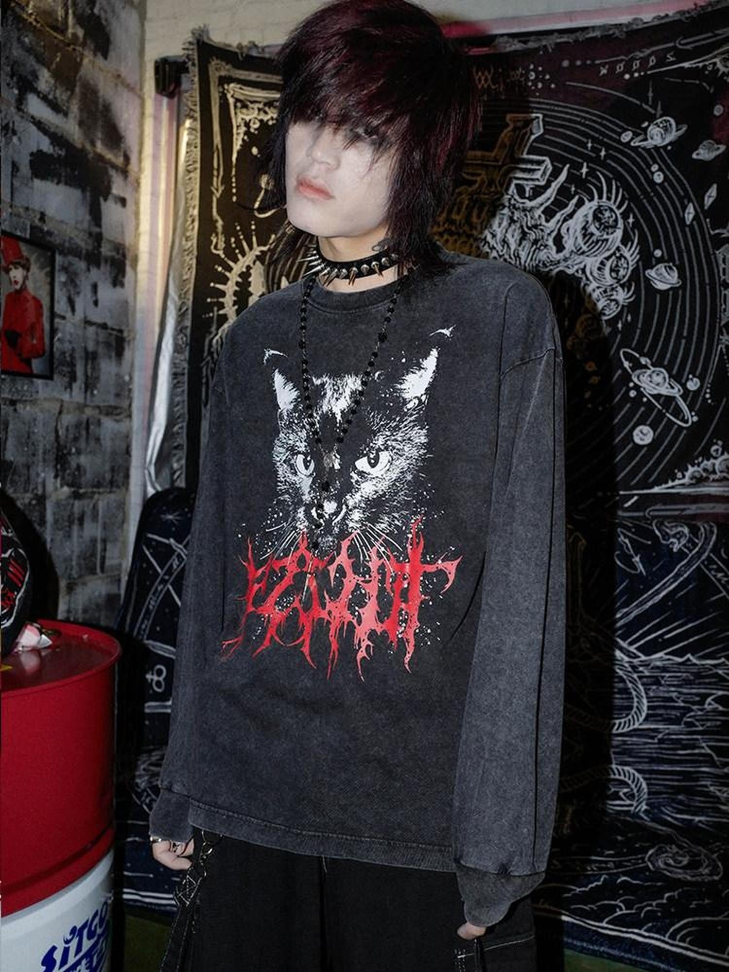 RebelSeed Skull Demon Heat Transfer Print Punk Loose Women's Cotton Long Sleeve T-shirts