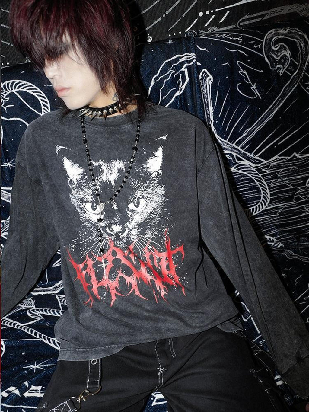 RebelSeed Skull Demon Heat Transfer Print Punk Loose Women's Cotton Long Sleeve T-shirts