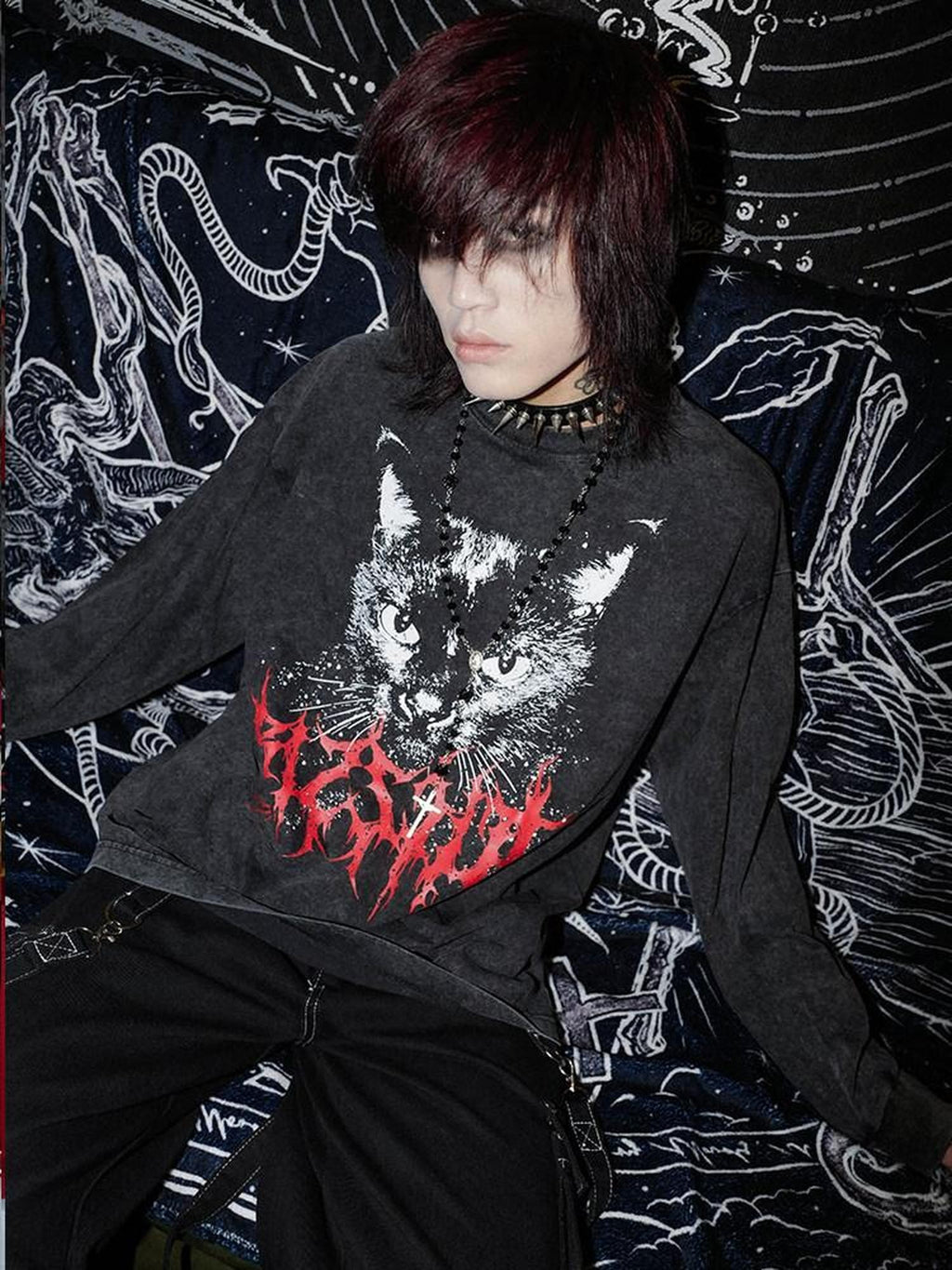 RebelSeed Skull Demon Heat Transfer Print Punk Loose Women's Cotton Long Sleeve T-shirts