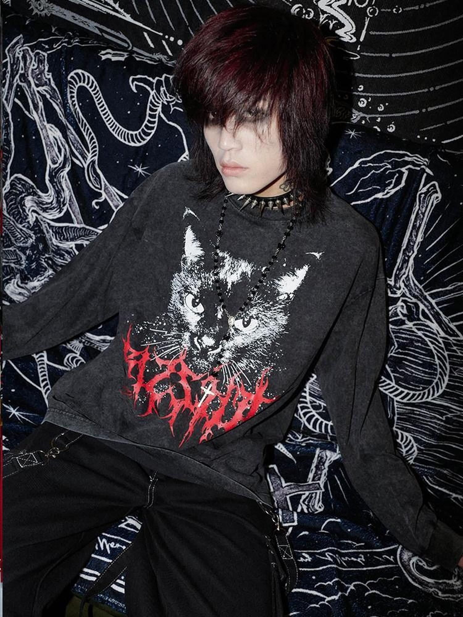 RebelSeed Skull Demon Heat Transfer Print Punk Loose Women's Cotton Long Sleeve T-shirts