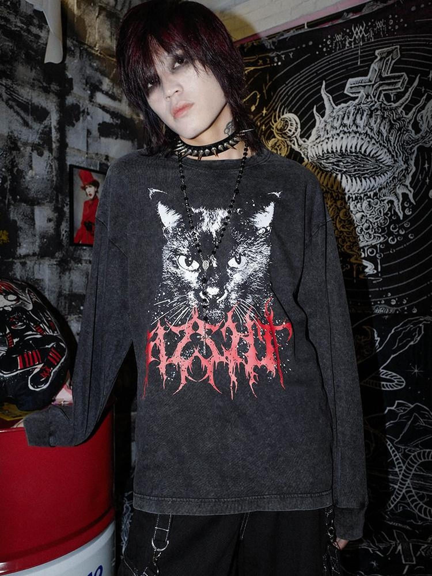 RebelSeed Skull Demon Heat Transfer Print Punk Loose Women's Cotton Long Sleeve T-shirts