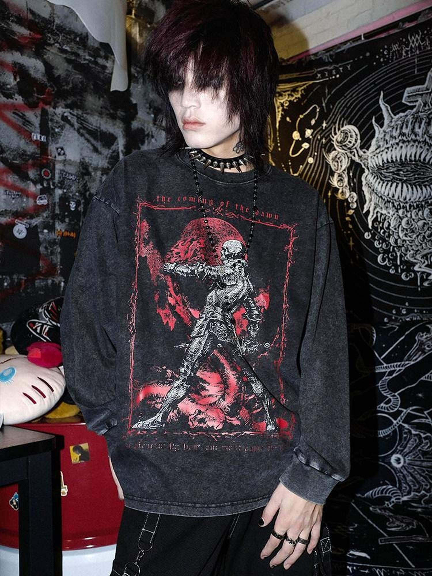 RebelSeed Skull Demon Heat Transfer Print Punk Loose Women's Cotton Long Sleeve T-shirts