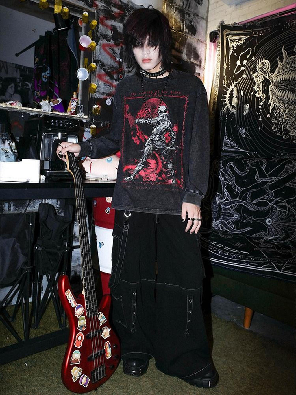 RebelSeed Skull Demon Heat Transfer Print Punk Loose Women's Cotton Long Sleeve T-shirts