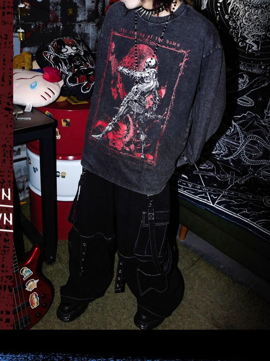 RebelSeed Skull Demon Heat Transfer Print Punk Loose Women's Cotton Long Sleeve T-shirts
