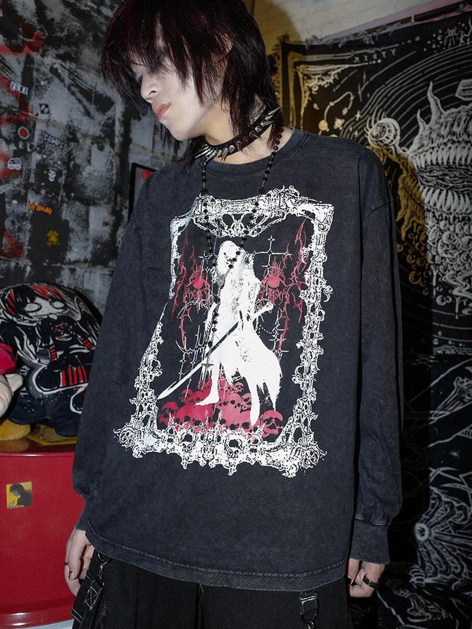 RebelSeed Skull Demon Punk Graphic Heat Transfer Loose Women's Cotton Long Sleeve T-shirts