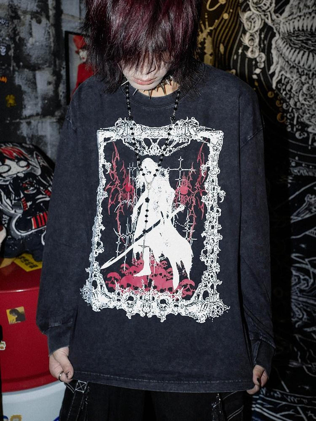 RebelSeed Skull Demon Punk Graphic Heat Transfer Loose Women's Cotton Long Sleeve T-shirts