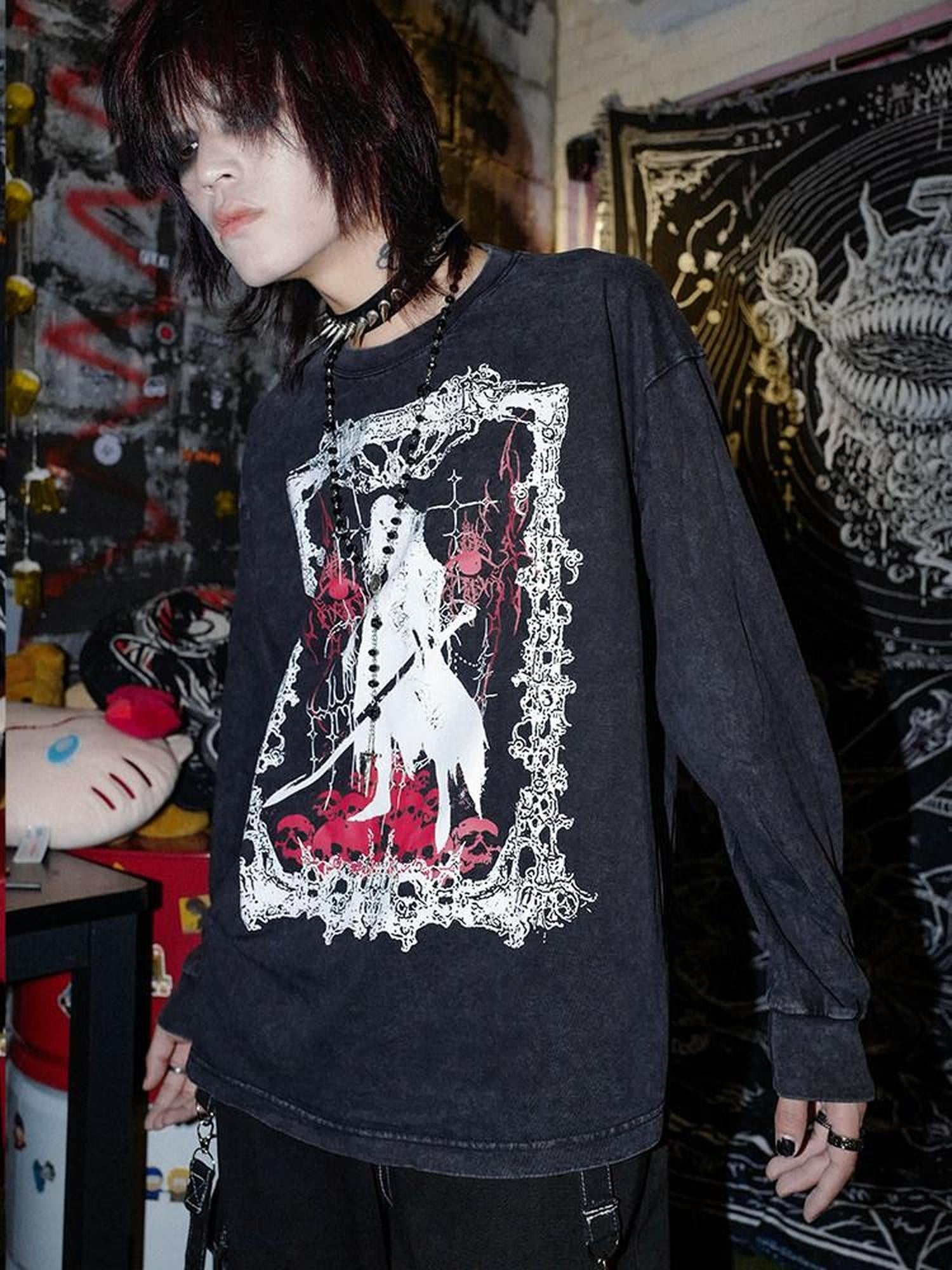 RebelSeed Skull Demon Punk Graphic Heat Transfer Loose Women's Cotton Long Sleeve T-shirts
