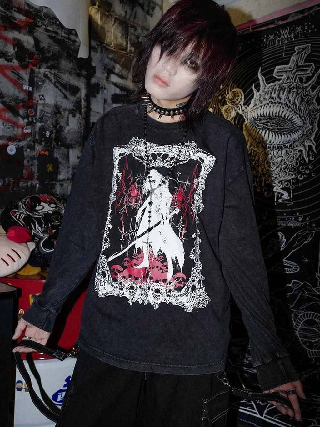 RebelSeed Skull Demon Punk Graphic Heat Transfer Loose Women's Cotton Long Sleeve T-shirts