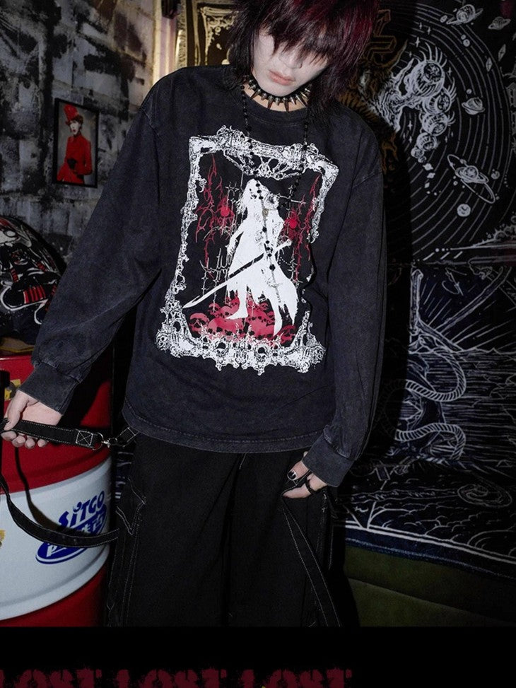 RebelSeed Skull Demon Punk Graphic Heat Transfer Loose Women's Cotton Long Sleeve T-shirts