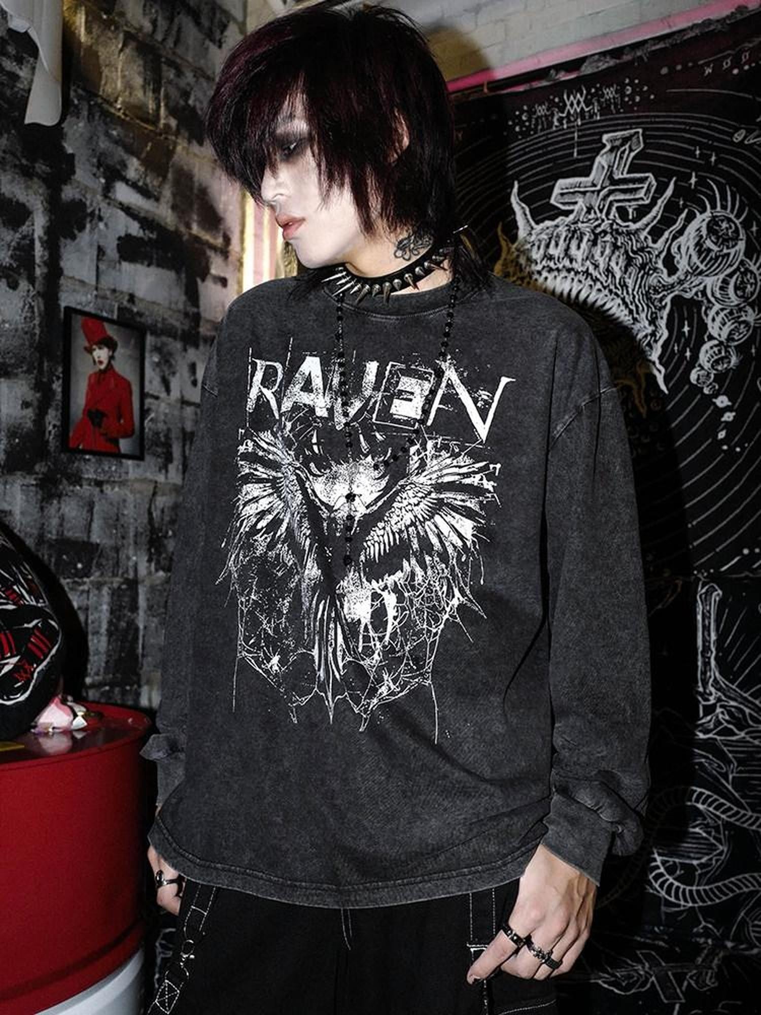 RebelSeed Skull Demon Punk Heat Transfer Print Women's Cotton Long Sleeve T-shirts