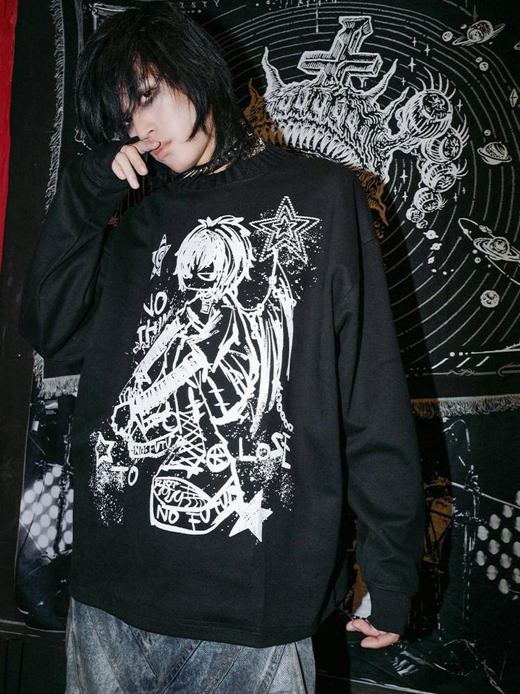 RebelSeed Skull Demon Punk Print Heat Transfer Women's Polyester Long Sleeve T-shirts