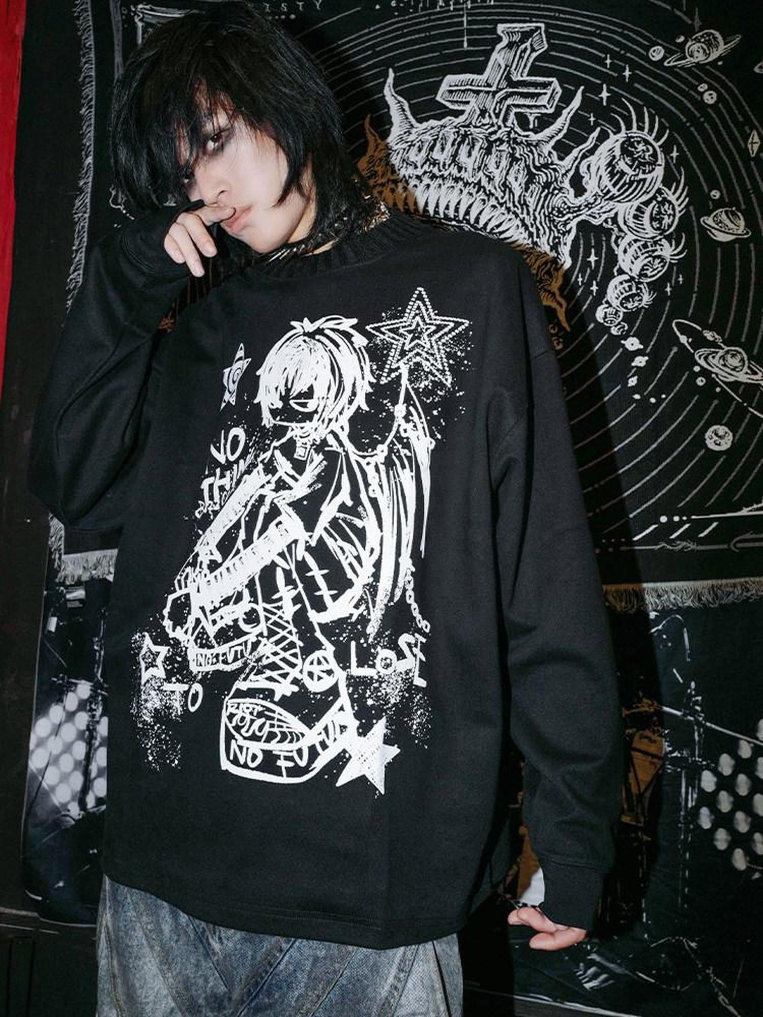 RebelSeed Skull Demon Punk Print Heat Transfer Women's Polyester Long Sleeve T-shirts