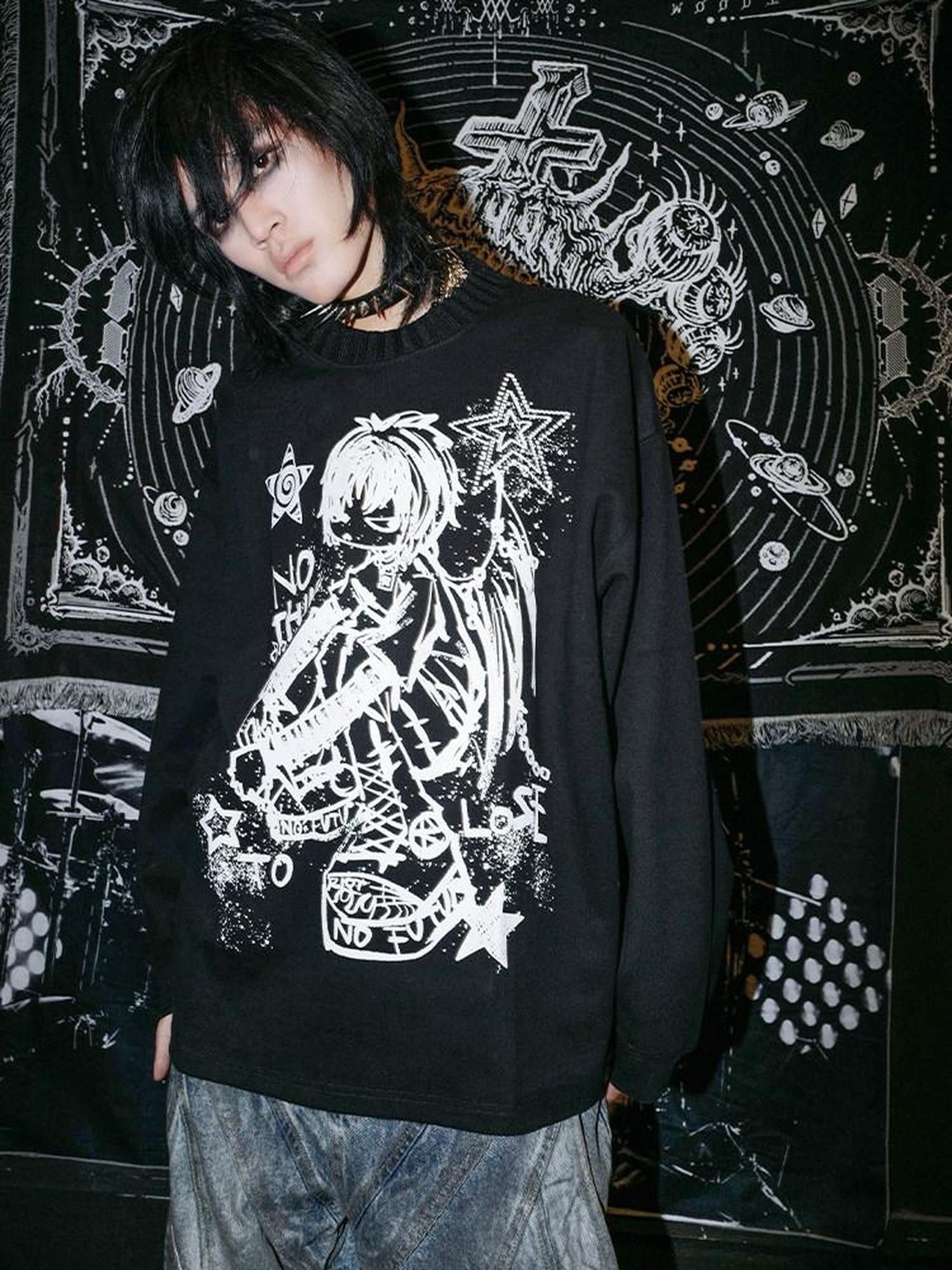 RebelSeed Skull Demon Punk Print Heat Transfer Women's Polyester Long Sleeve T-shirts