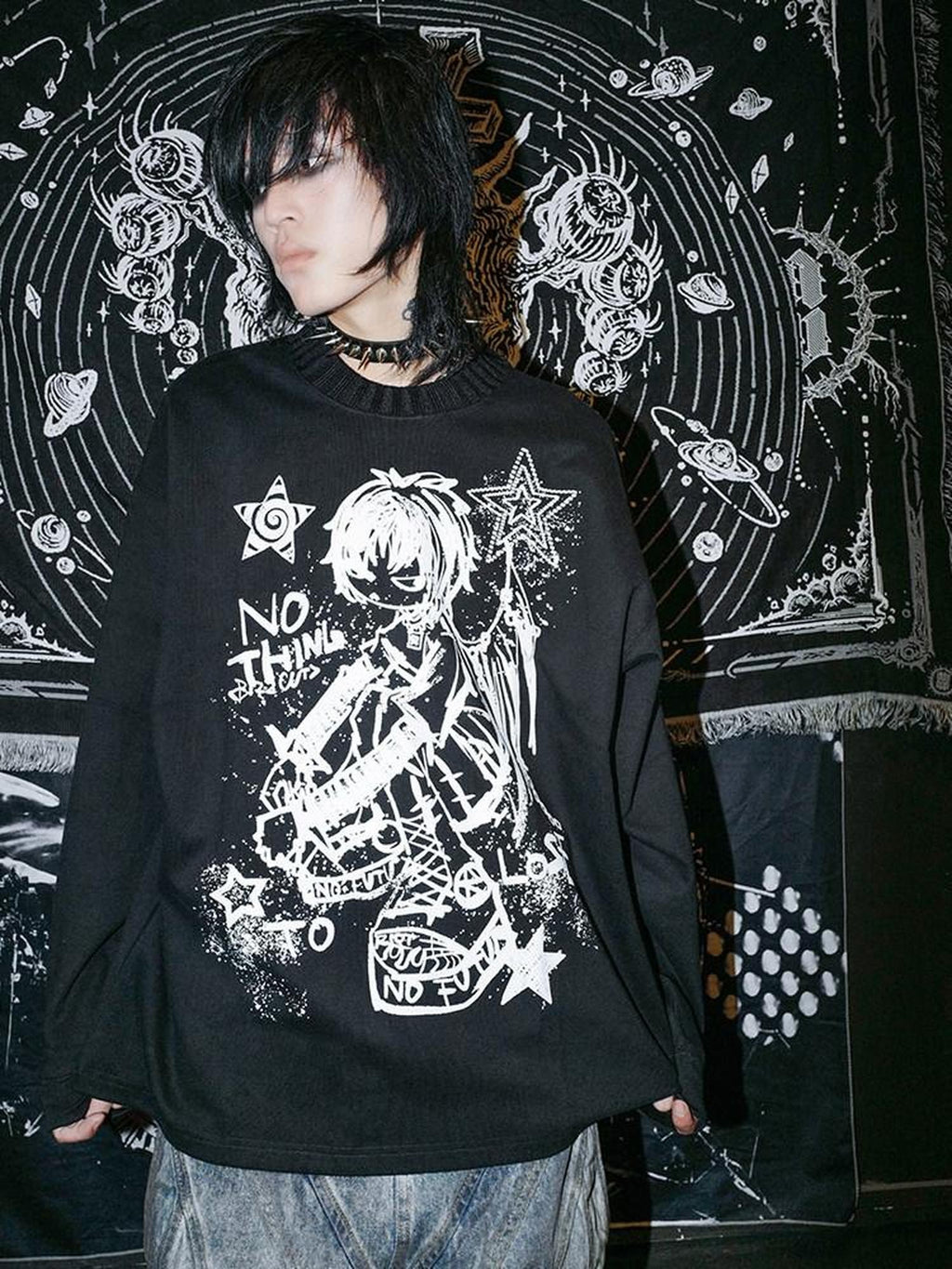 RebelSeed Skull Demon Punk Print Heat Transfer Women's Polyester Long Sleeve T-shirts