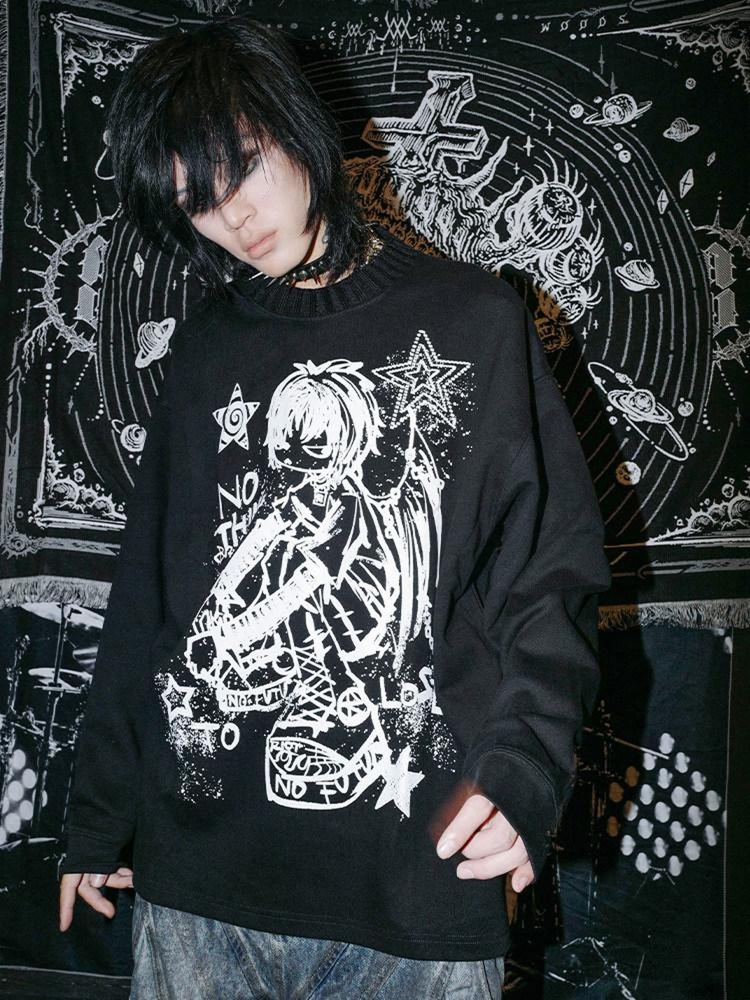 RebelSeed Skull Demon Punk Print Heat Transfer Women's Polyester Long Sleeve T-shirts