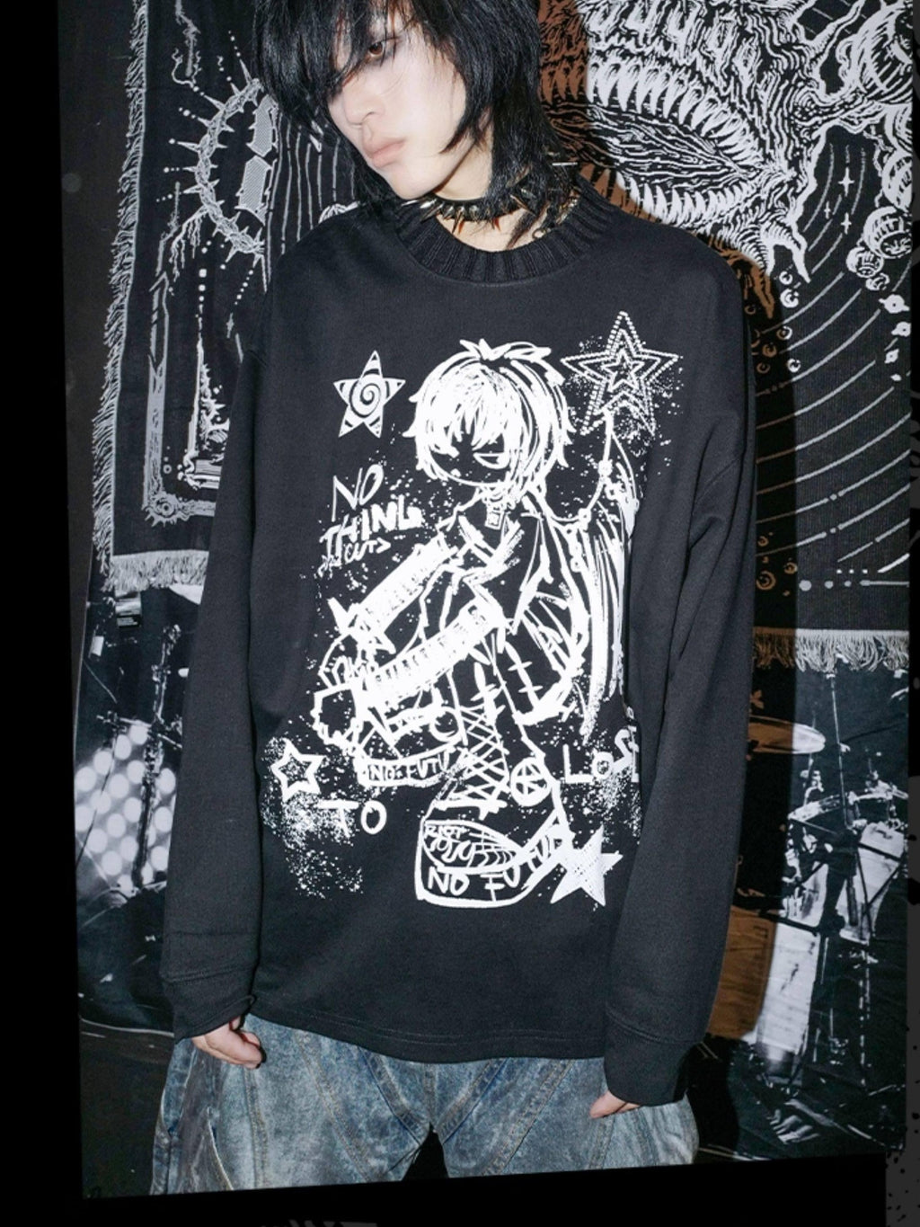 RebelSeed Skull Demon Punk Print Heat Transfer Women's Polyester Long Sleeve T-shirts