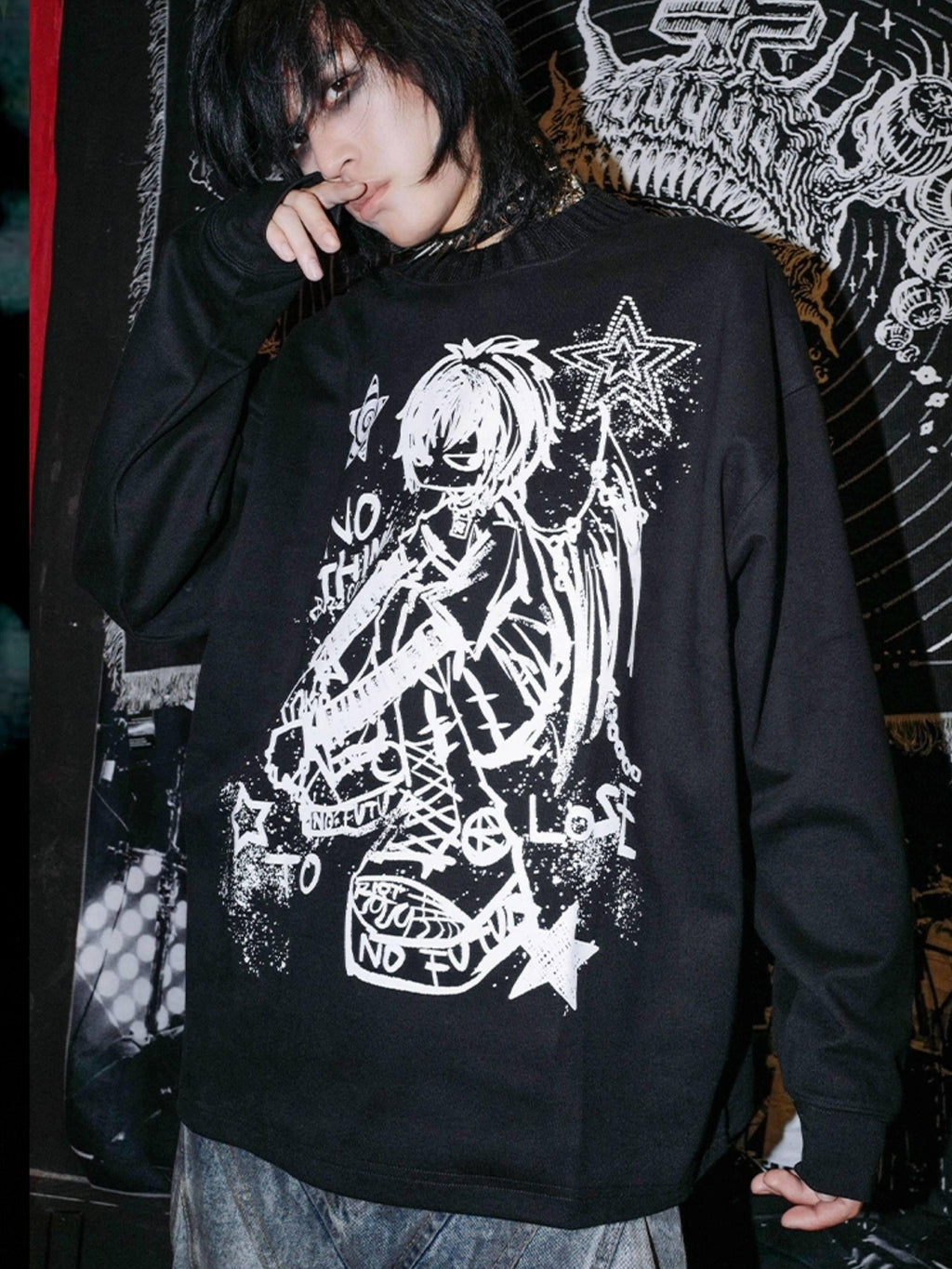 RebelSeed Skull Demon Punk Print Heat Transfer Women's Polyester Long Sleeve T-shirts