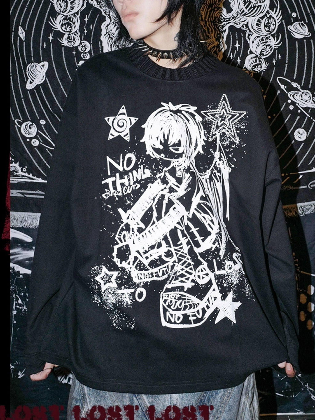 RebelSeed Skull Demon Punk Print Heat Transfer Women's Polyester Long Sleeve T-shirts