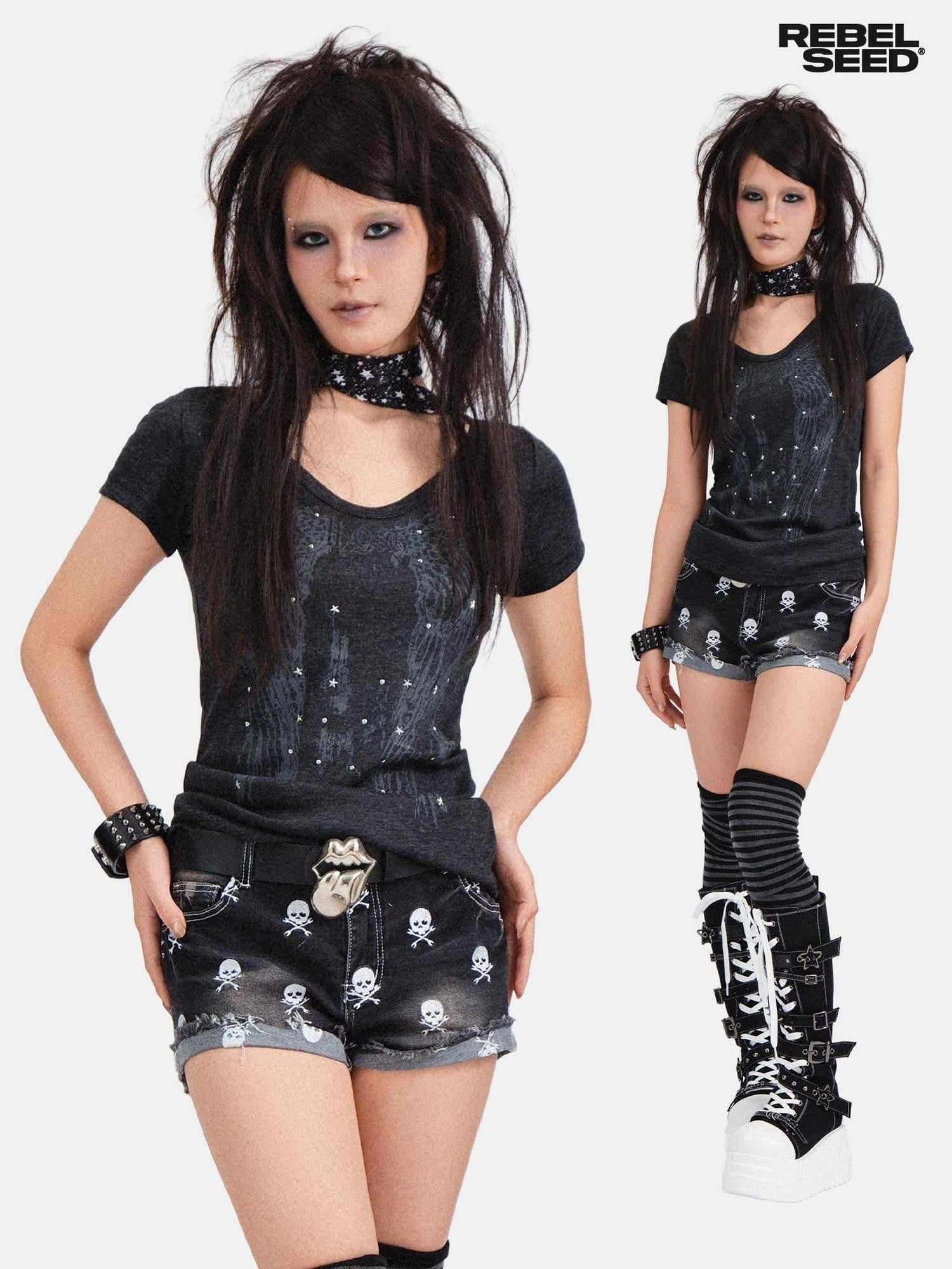RebelSeed Skull Demon Star Print Hot Stamp Slim Fit Women's Cotton Short Sleeve T-shirts
