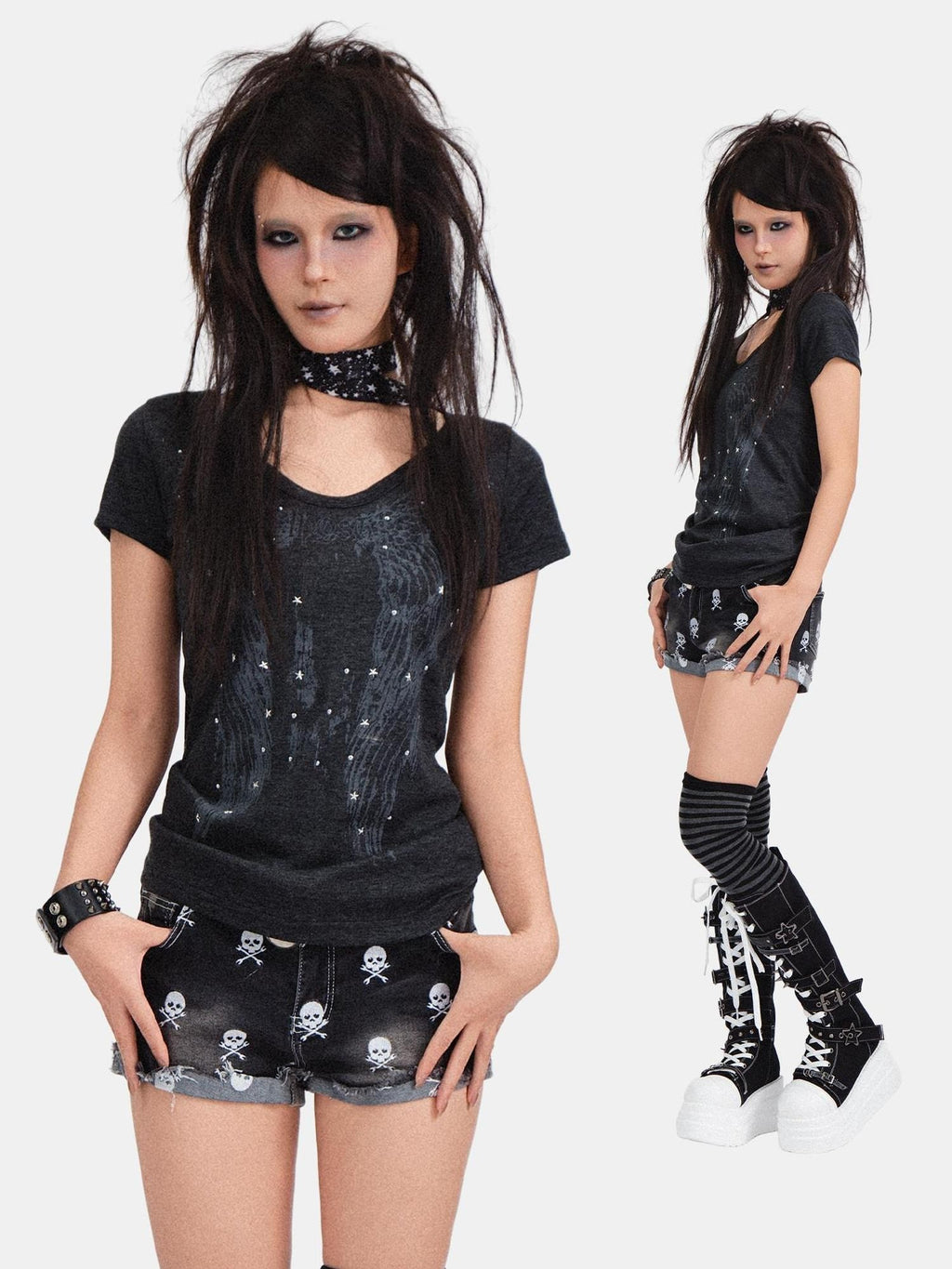 RebelSeed Skull Demon Star Print Hot Stamp Slim Fit Women's Cotton Short Sleeve T-shirts