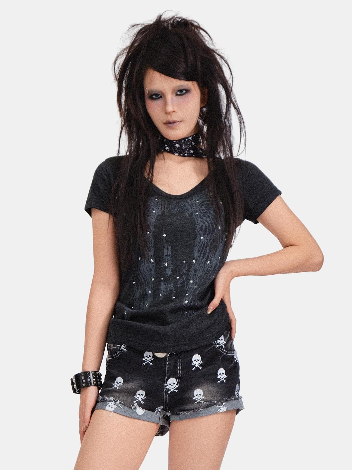 RebelSeed Skull Demon Star Print Hot Stamp Slim Fit Women's Cotton Short Sleeve T-shirts
