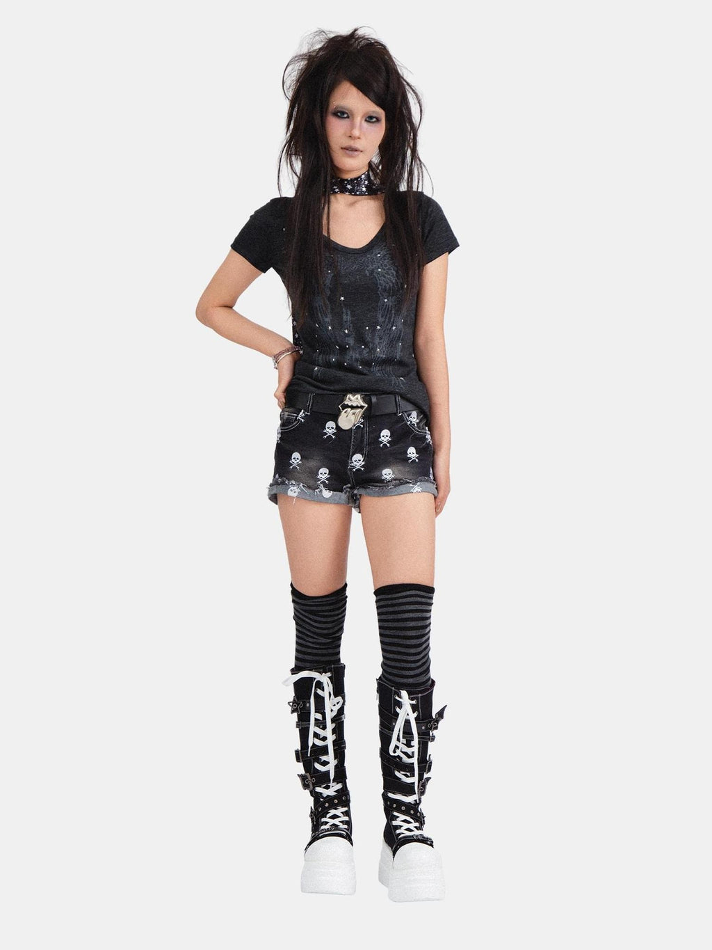 RebelSeed Skull Demon Star Print Hot Stamp Slim Fit Women's Cotton Short Sleeve T-shirts
