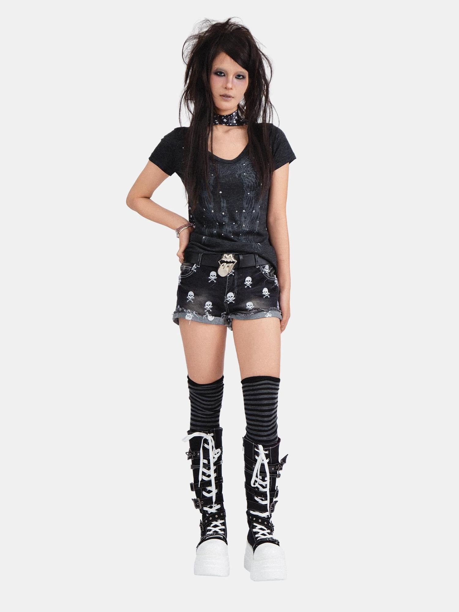 RebelSeed Skull Demon Star Print Hot Stamp Slim Fit Women's Cotton Short Sleeve T-shirts